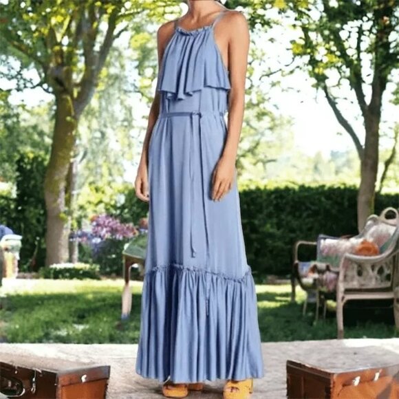 Free People Blue Coco Maxi Popover Dress XS Lightweight Boho Halter 7225 - Picture 1 of 9